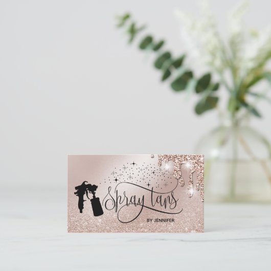 Spray tan script glitter Gold druppels Visitekaartje (Staand voorkant)