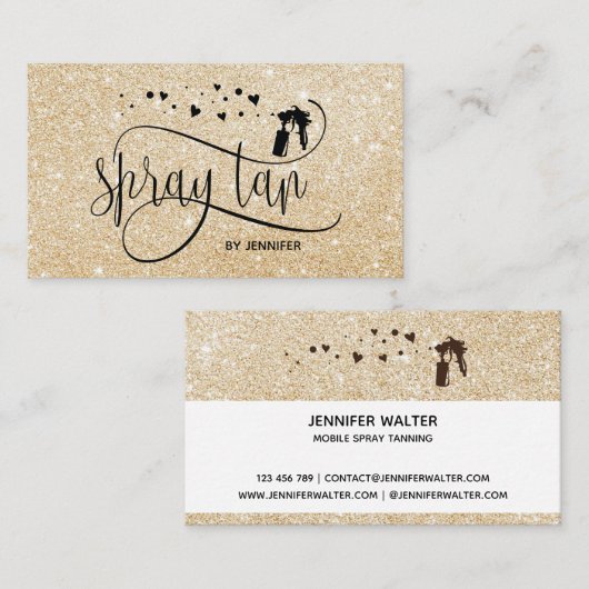 Spray tan script goud glitter confetti harten visitekaartje (Voorkant / Achterkant)