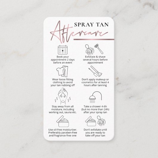 Spray Tanning Aftercare Guide Roze Rose Gold Visitekaartje (Voorkant)