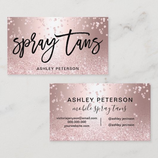 Spray tans roos glitter metallic confetti visitekaartje (Voorkant / Achterkant)