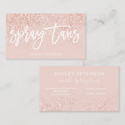 Spray tans script roos goud glitter blush roze visitekaartje (Voorkant / Achterkant)
