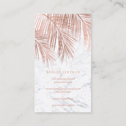 Spray tans script roos gouden palmboom blad marmer visitekaartje (Achterkant)