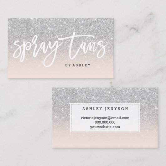 Spray tans typografie zilveren glitter zwart roze visitekaartje (Voorkant / Achterkant)