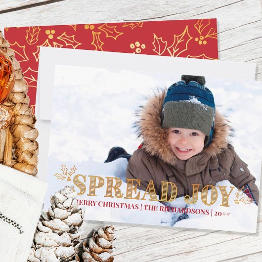 Spread Joy Holly Red en Gold Full Bleed Photo Feestdagenkaart