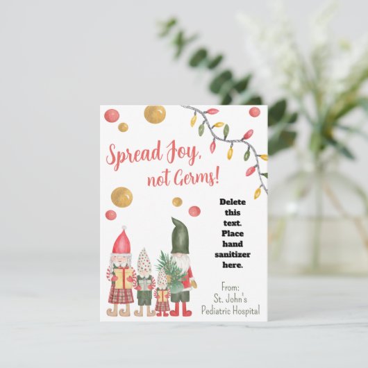 Spread Joy Not Germs Elf Hand Sanitizer Cadeaukaar Kaart (Staand voorkant)