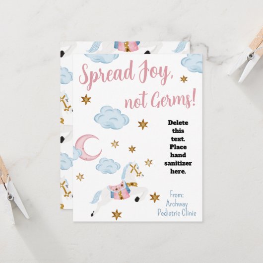 Spread Joy not Germs Kinder Hand Sanitizer Cadecar Kaart (Voorkant / Achterkant in situ)