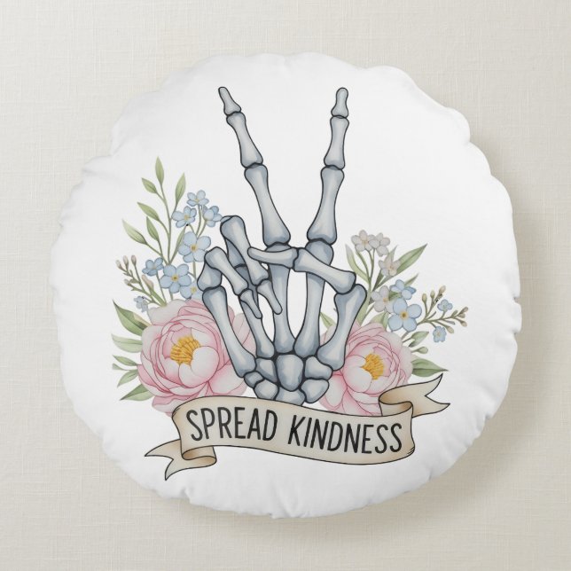"Spread Kindness" Skeleton Peace Sign – Watercolor Rond Kussen (Voorkant)