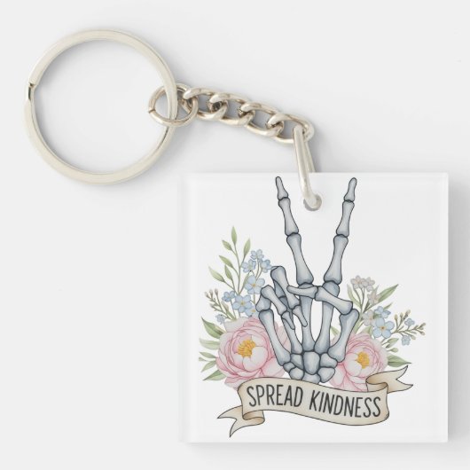 "Spread Kindness" Skeleton Peace Sign – Watercolor Sleutelhanger (voorkant)