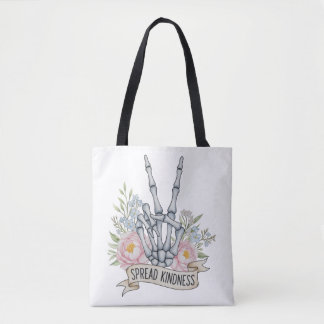 "Spread Kindness" Skeleton Peace Sign – Watercolor Tote Bag
