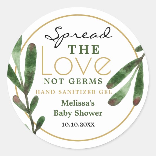 Spread Love Greenery Baby Shower Handdesinfecteren Ronde Sticker (Voorkant)