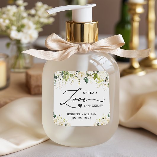 Spread Love Greenery White Roses Wedding Sanitizer Vierkante Sticker