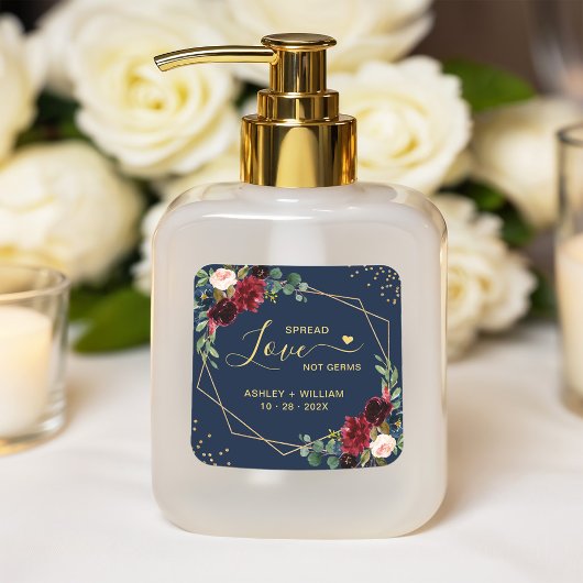 Spread Love Not Germs Gold Burgundy Navy Floral Vierkante Sticker