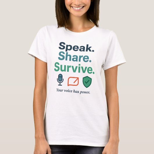 Spreek. Delen. Overleven. – Empowerment van de gee T-shirt (Voorkant)