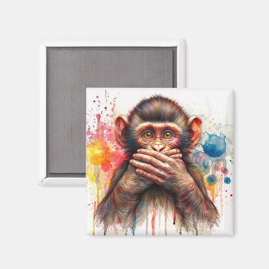 Spreek geen kwaad aap levendige Waterverf kunstmag Magneet (Voorkant / Achterkant)