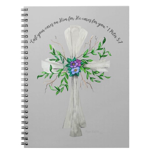 Spreek Jezus Grijs Kruis met bloemen Notitieboek (Voorkant)