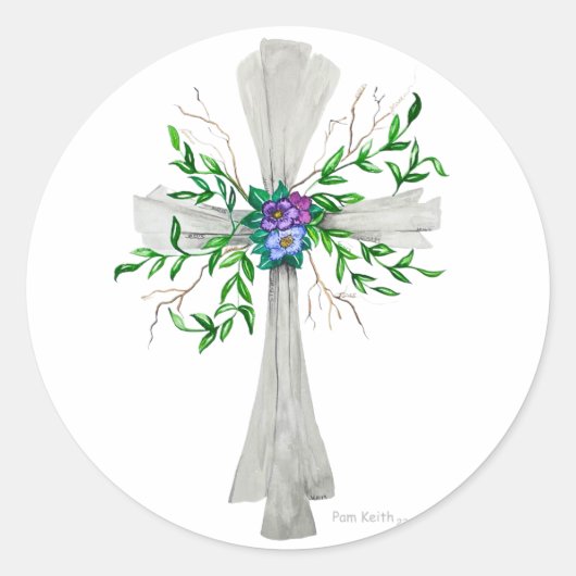 Spreek Jezus Grijs Kruis met bloemen Ronde Sticker (Voorkant)