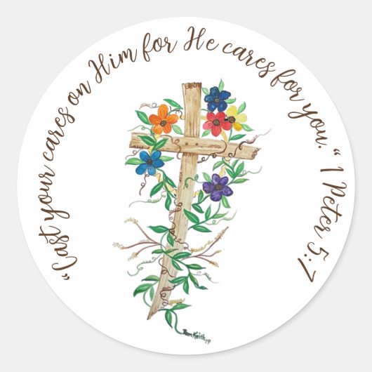 Spreek Jezus Kruis met bloemen Ronde Sticker (Voorkant)