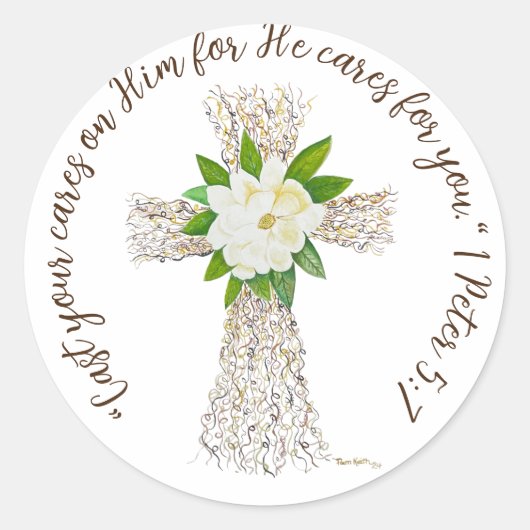 Spreek Jezus Kruis met Magnolia Ronde Sticker (Voorkant)