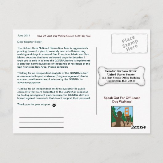 Spreek uit voor een non-leash Dog Walking Senator  Briefkaart (Achterkant)