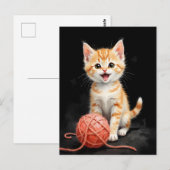 Spreelse Kitten Kat met Garentang Waterverf Print Briefkaart (Voorkant / Achterkant)