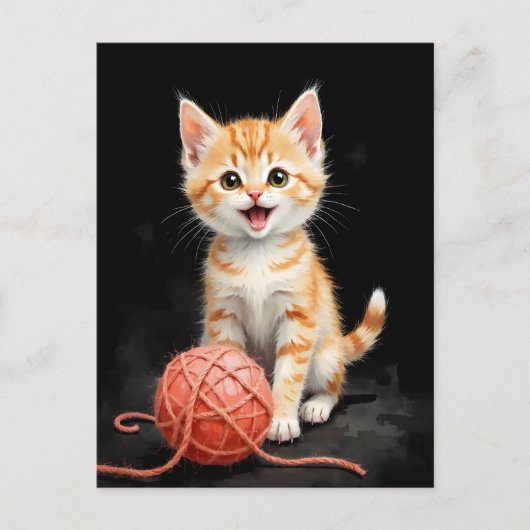 Spreelse Kitten Kat met Garentang Waterverf Print Briefkaart (Voorkant)