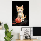 Spreelse Kitten Kat met Garentang Waterverfprint Poster (Thuiskantoor)