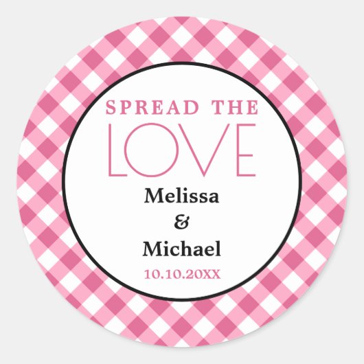 Spreid de liefde roze gingham bruiloft gunst ronde sticker (Voorkant)