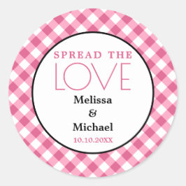 Spreid de liefde roze gingham bruiloft gunst ronde sticker