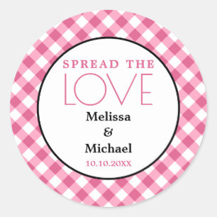 Spreid de liefde roze gingham bruiloft gunst ronde sticker