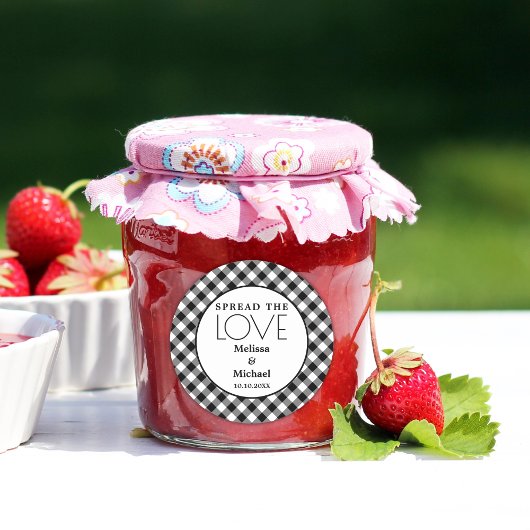 Spreid de liefde zwart wit gingham bruiloft gunst ronde sticker