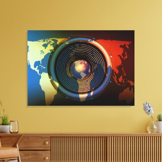 Spreker op een wereldkaart canvas afdruk (Insitu (Woonkamer))
