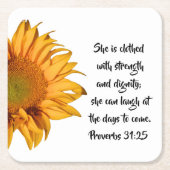Spreuken 31:25 Bijbelvers Halve Zonnebloem Custom Kartonnen Onderzetters (Voorkant)