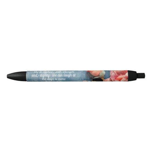 Spreuken 31:25  Bijbelvers met bloemmotief pen Ins (Voorkant)