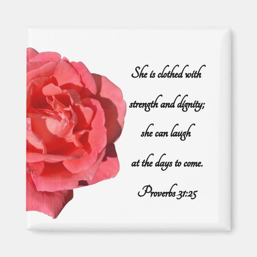 Spreuken 31:25 Bijbelvers Rode Roos Magneet (Voorkant)