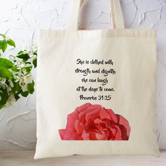 Spreuken 31:25 Bijbelvers Roos Tote Bag