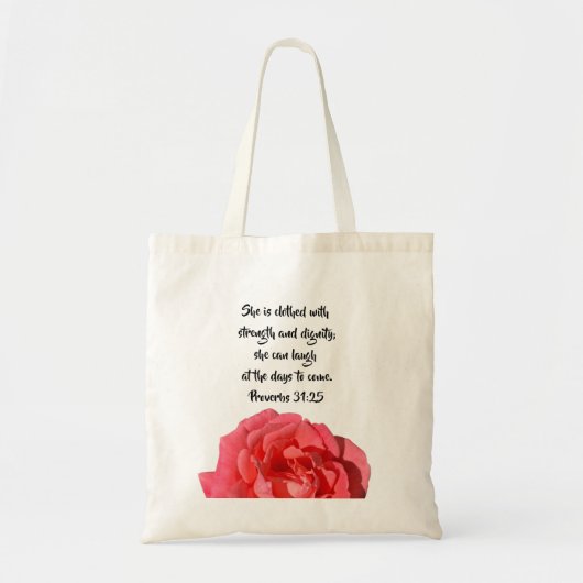 Spreuken 31:25 Bijbelvers Roos Tote Bag (Voorkant)