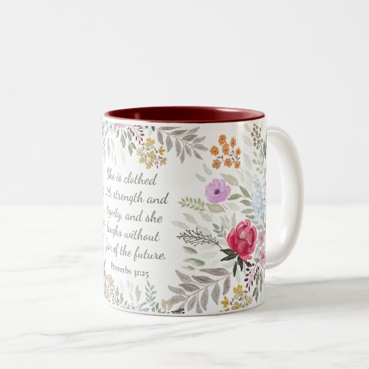 Spreuken 31:25 Bijbelvers Waterverf floraal Tweekleurige Koffiemok (Voorkant rechts)