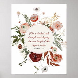 Spreuken 31:25 Elegante Bourgondische gouden bloem Poster