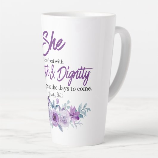 Spreuken 31:25 Kracht en waardigheid Paarse bloem Latte Mok (Rechterhoek)