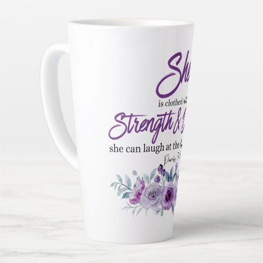 Spreuken 31:25 Kracht en waardigheid Paarse bloem Latte Mok (Linkerhoek)