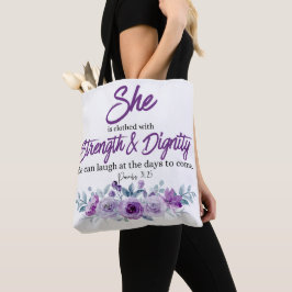 Spreuken 31:25 Kracht en waardigheid Paarse bloem Tote Bag