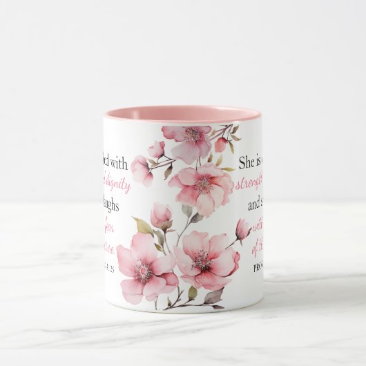 Spreuken 31:25 Rechtvaardige Vrouw Roze Waterverf  Mok (Midden)