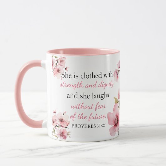 Spreuken 31:25 Rechtvaardige Vrouw Roze Waterverf  Mok (Links)