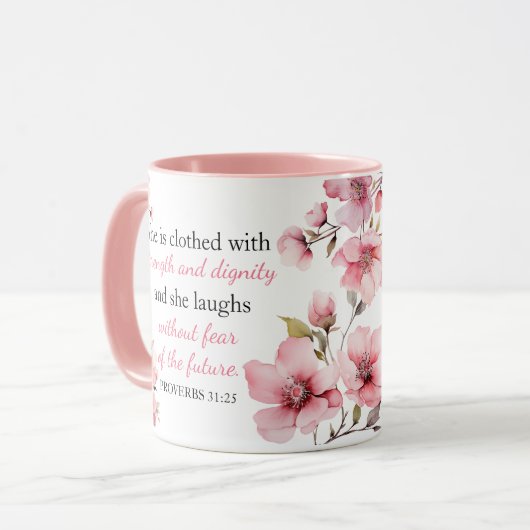 Spreuken 31:25 Rechtvaardige Vrouw Roze Waterverf  Mok (Voorkant links)