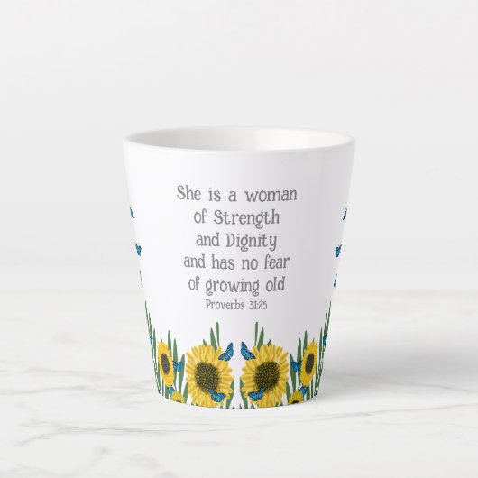 Spreuken 31:25 Religieuze Christelijke Vlinders Latte Mok (Voorkant)