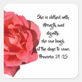 Spreuken 31:25 Rode Roos Bijbelvers Vierkante Sticker (Voorkant)