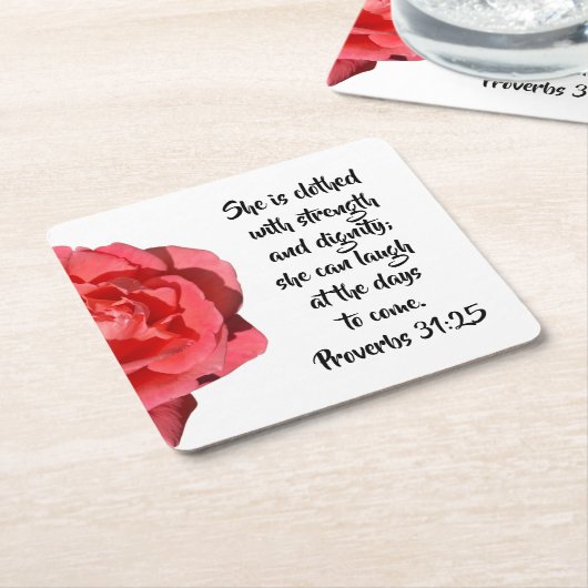 Spreuken 31:25 Rode roos Christelijk Kartonnen Onderzetters (Schuin)