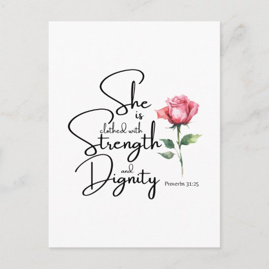 Spreuken 31:25 Ze is gekleed Bijbel Verse Bloem Briefkaart (Voorkant)