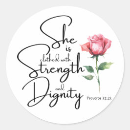Spreuken 31:25 Ze is gekleed Bijbel Verse Bloem Ronde Sticker