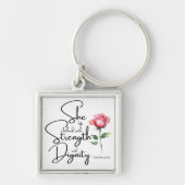 Spreuken 31:25 Ze is gekleed Bijbel Verse Bloem Sleutelhanger (Voorkant)